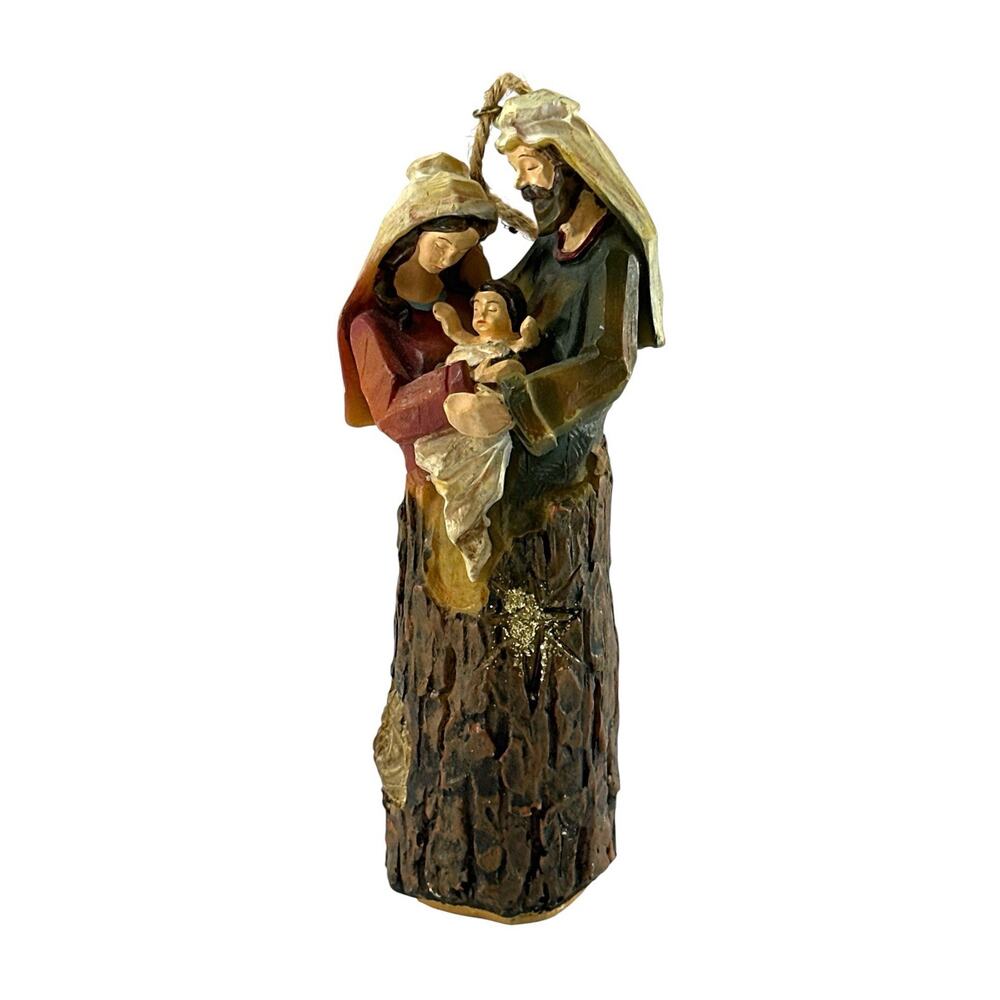 Vintage Style Holy Family Nativity Ornament 5” Resin Rustic Tree Bark Christmas - Picture 3 of 7